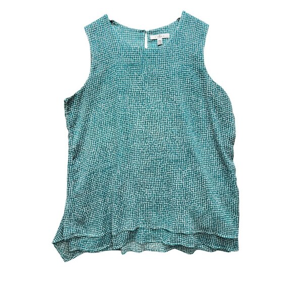Fever Women Double Layer Sleeveless Blouse XL Aqua Speckle Grid Summer Keyhole - Picture 2 of 13